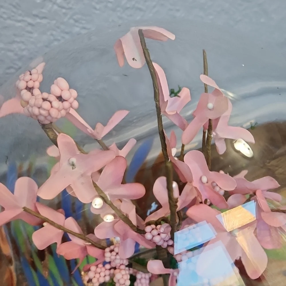 Cherry Blossom ? Pink Flowers Glass Globe Terrarium Blue Green Orange Spots